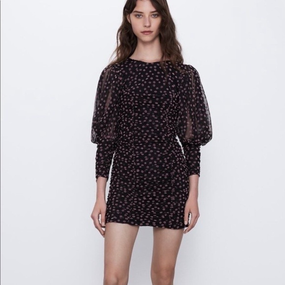 ZARA Black Pink Floral Mesh Ruched Puff Sleeve Mini‎ Dress XS